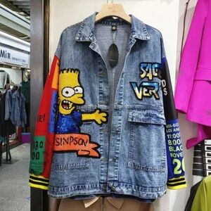 Oversized Denim Jacket with Cartoon Patchwork